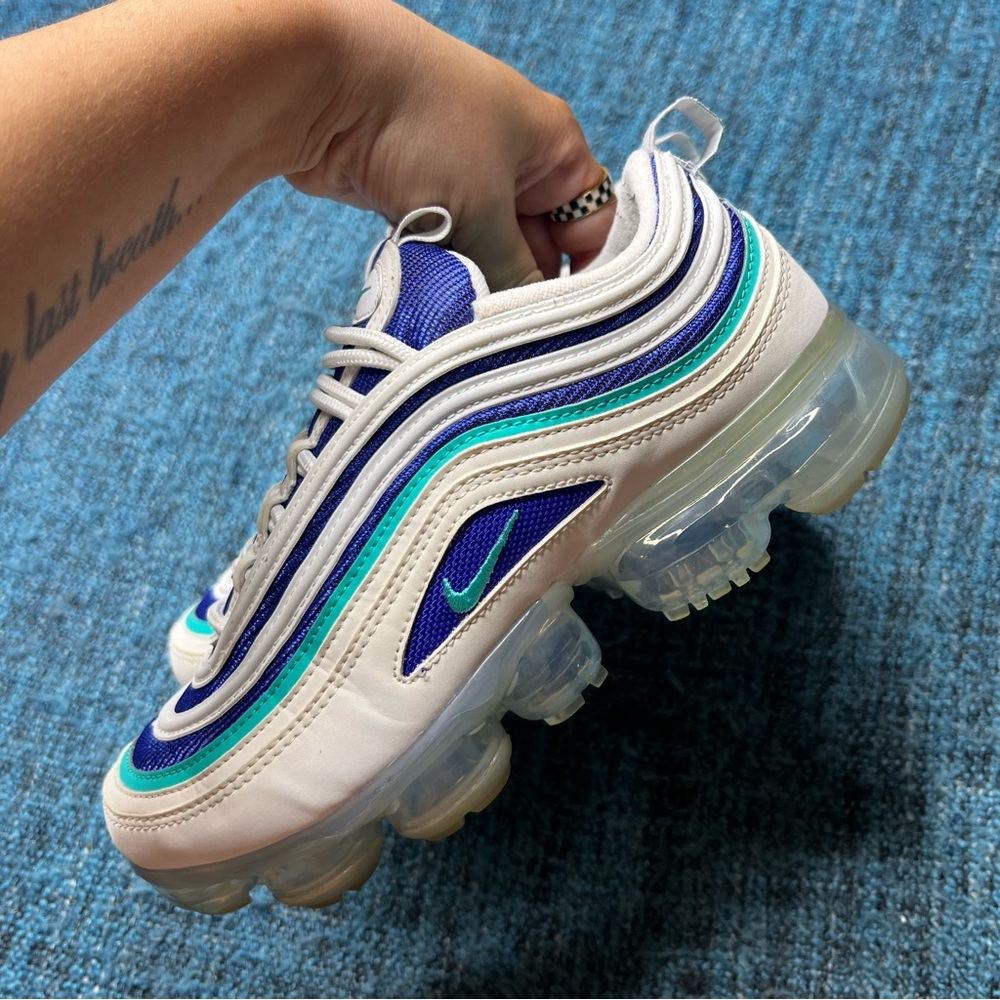 Nike Air VaporMax 97 GS Sneakers White Indigo Burst Hyper Jade Youth 5.5/Women 7 - Picture 4 of 9